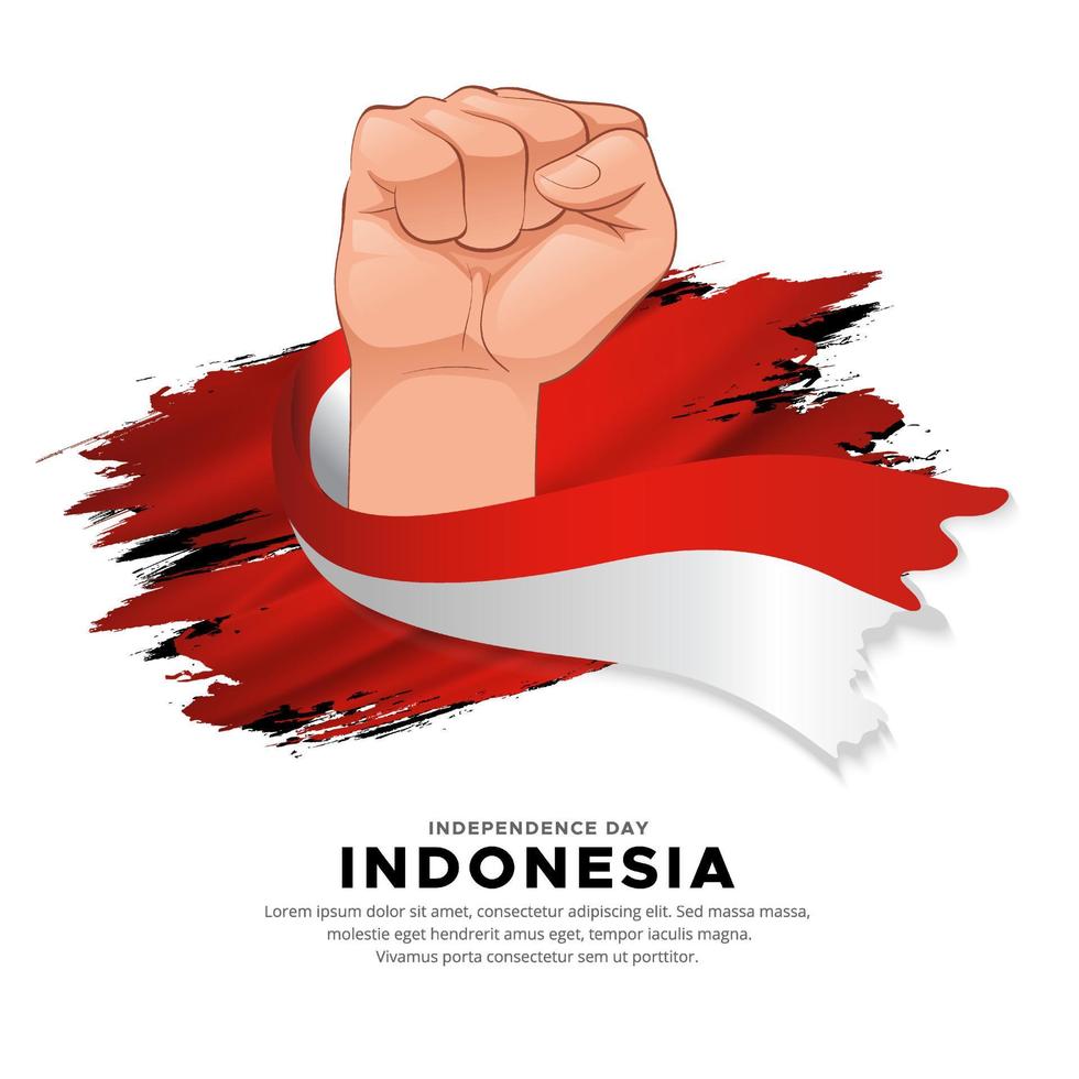design del giorno dell'indipendenza dell'indonesia con la bandiera della holding della mano. vettore di bandiera ondulata dell'indonesia