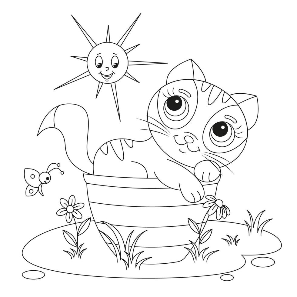 il profilo della pagina di coloritura del gatto sveglio del fumetto si trova in un cestino sotto il sole. illustrazione vettoriale colorata, libro da colorare estivo per bambini