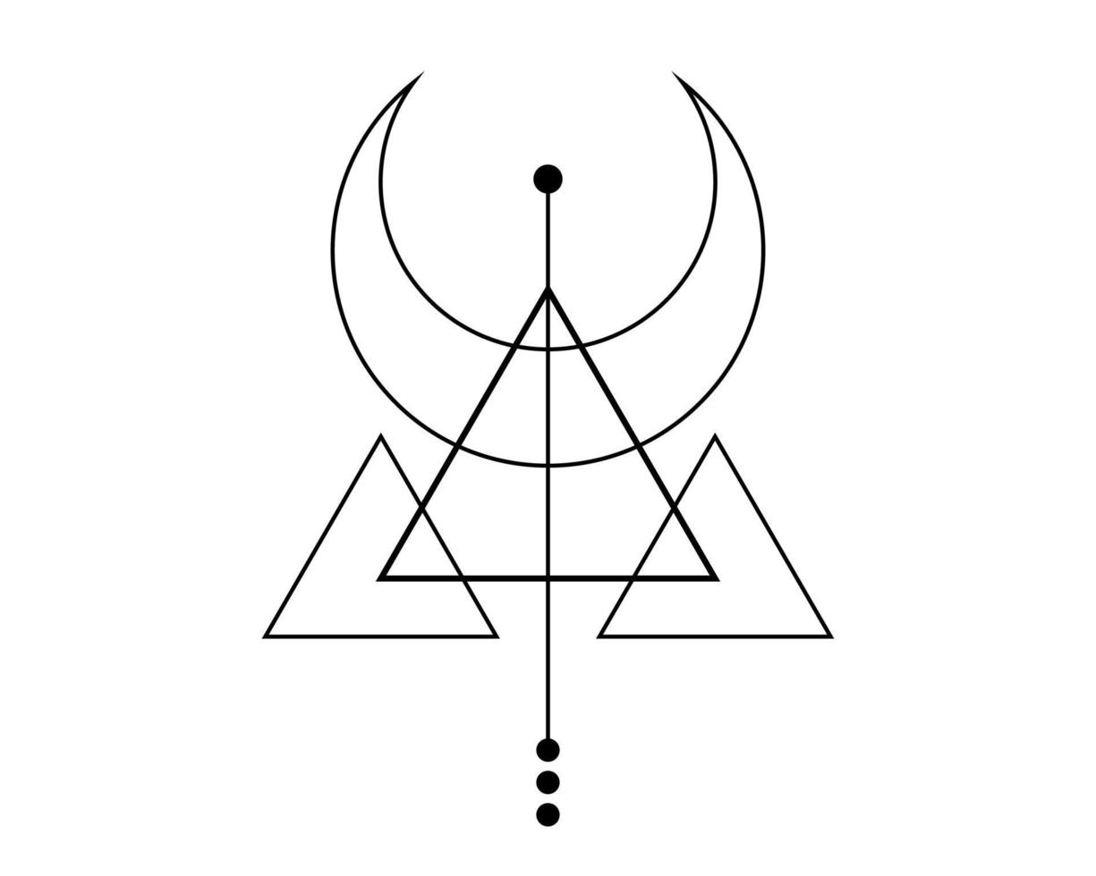 luna crescente magica. simbolo della divinità vichinga, geometria sacra celtica, tatuaggio logo nero, triangoli esoterici alchimia. illustrazione vettoriale dell'oggetto occultismo spirituale isolata su sfondo bianco