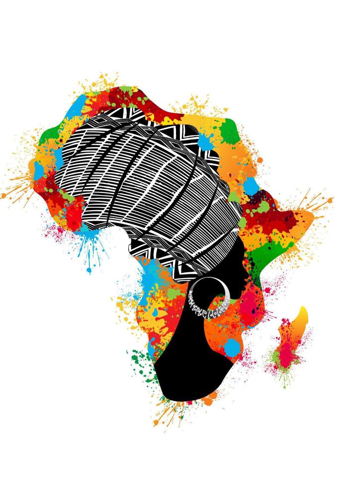 concetto di donna africana, silhouette del profilo del viso con turbante a forma di mappa dell'africa. modello di progettazione di splash logo tribale colorato afro stampa. illustrazione vettoriale isolato su sfondo bianco