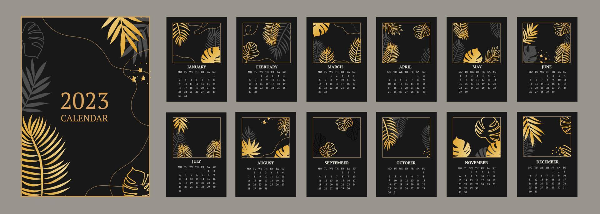 calendario mensile classico per il 2023. calendario con foglie di palma e monstera, colore nero e oro. vettore