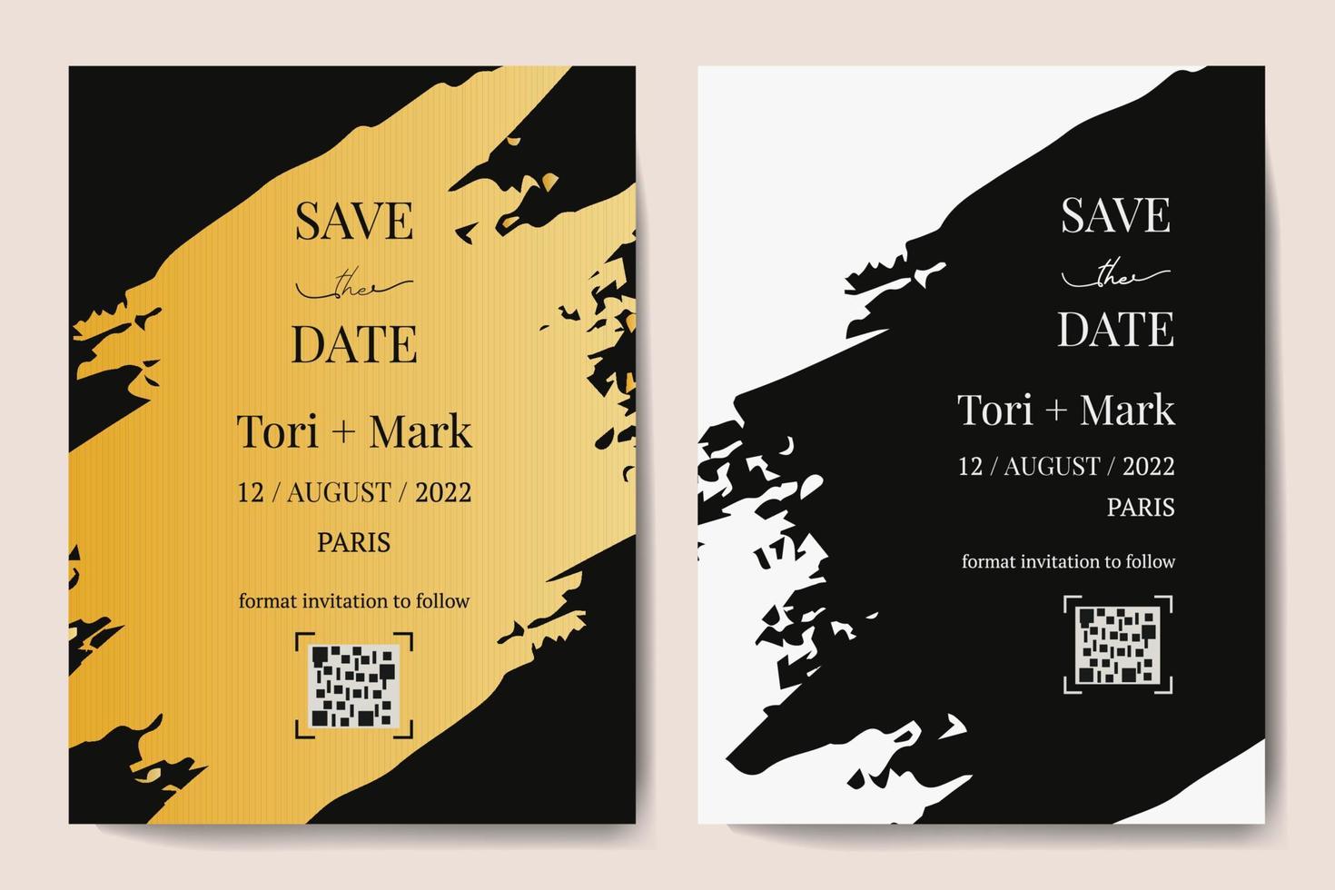 biglietti d'invito a nozze verticali vettoriali con texture nera e oro su sfondo scuro. design esotico di lusso per la cerimonia di nozze
