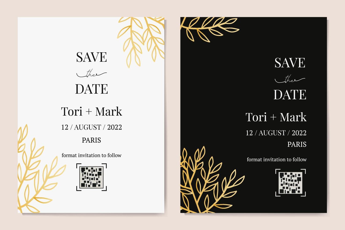biglietti d'invito a nozze verticali vettoriali con foglie nere e dorate su sfondo bianco e scuro. design botanico esotico di lusso per la cerimonia di nozze.