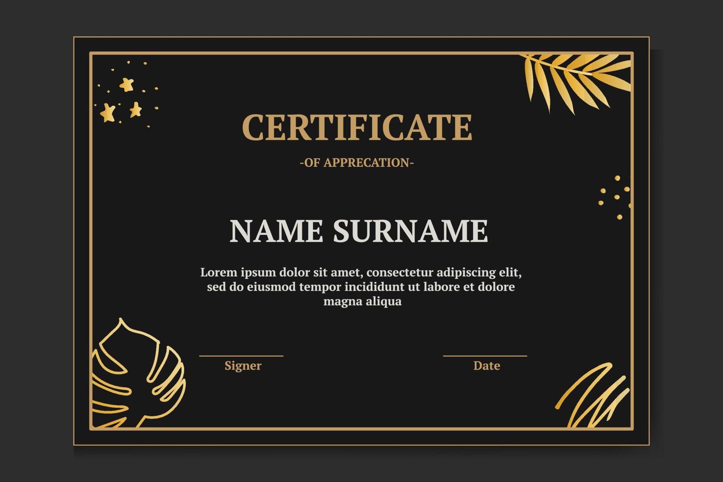 modello di certificato moderno e di lusso con colore nero e oro. con foglie di monstera e foglie di palma vettore