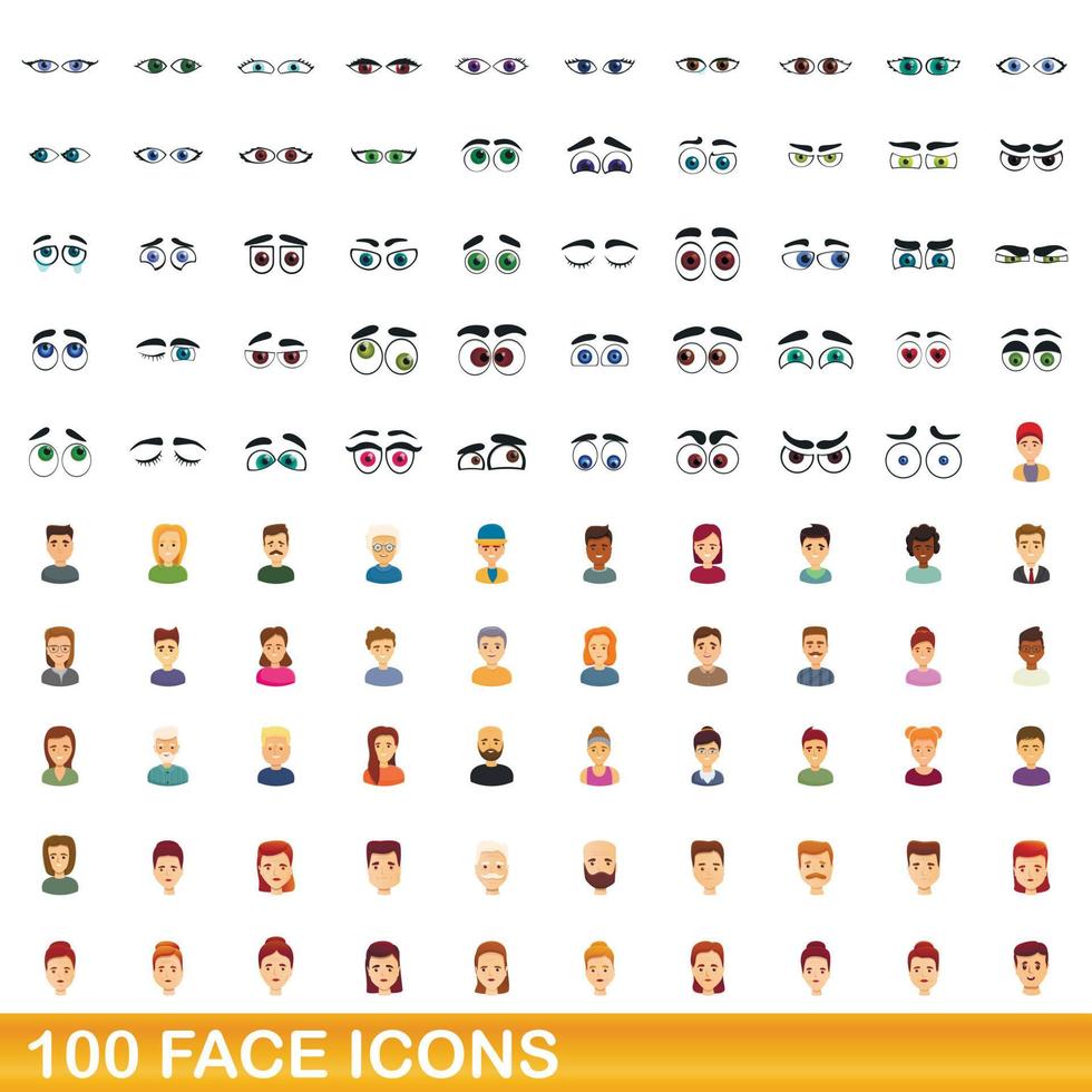 100 icone del viso impostate, stile cartone animato vettore