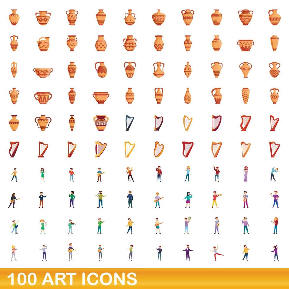 100 icone d'arte impostate, stile cartone animato vettore
