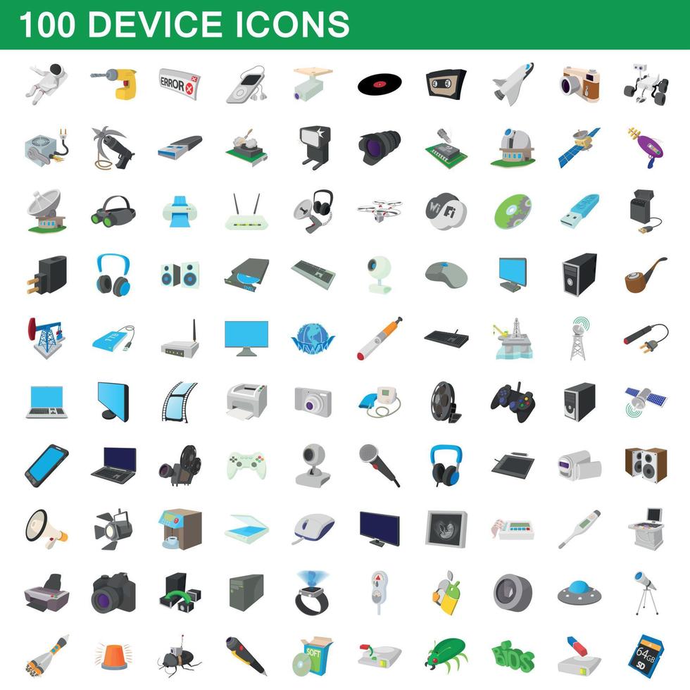 100 icone del dispositivo impostate, stile cartone animato vettore