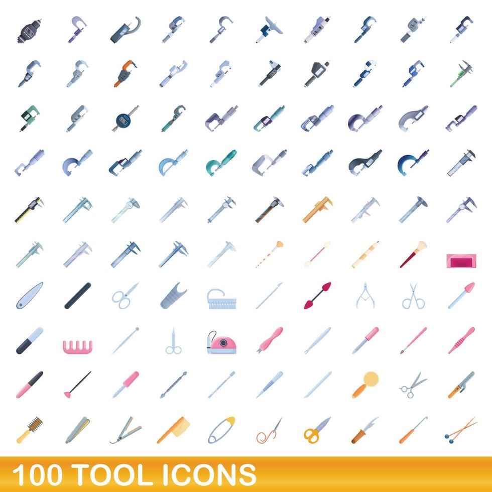 100 icone degli strumenti impostate, stile cartone animato vettore