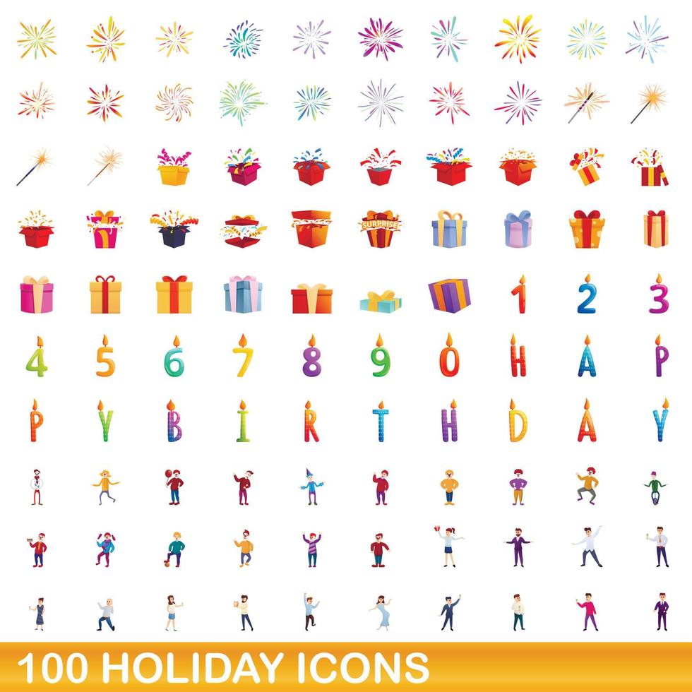 100 icone di vacanza impostate, stile cartone animato vettore