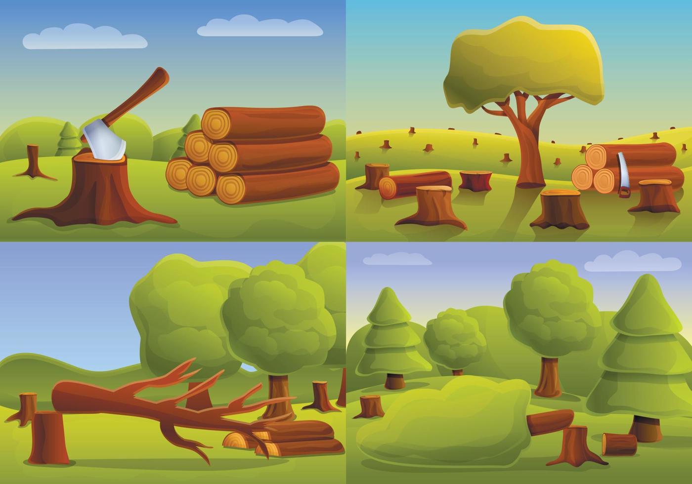set di banner foresta di deforestazione, stile cartone animato vettore