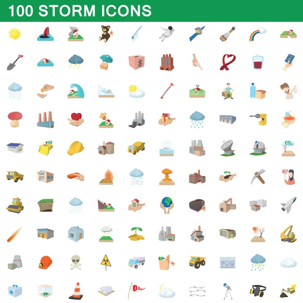 100 set di icone di tempesta, stile cartone animato vettore