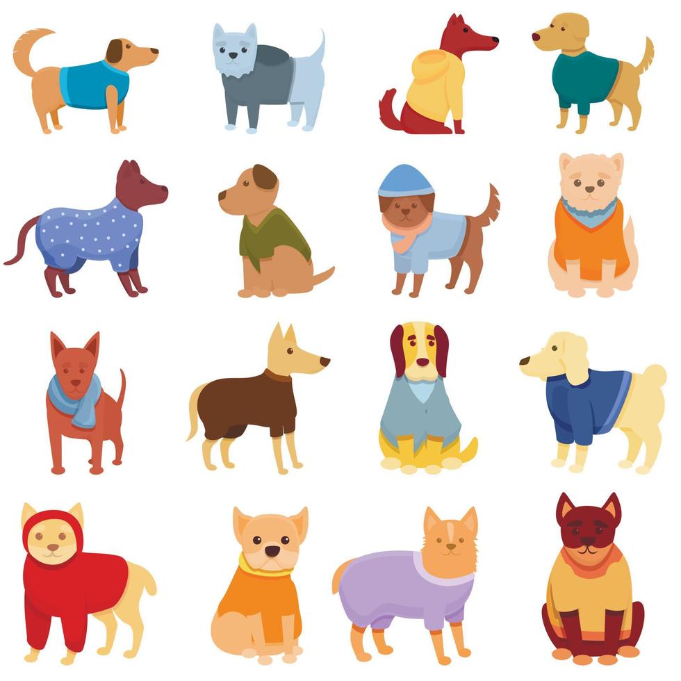 set di icone di vestiti per cani, stile cartone animato vettore