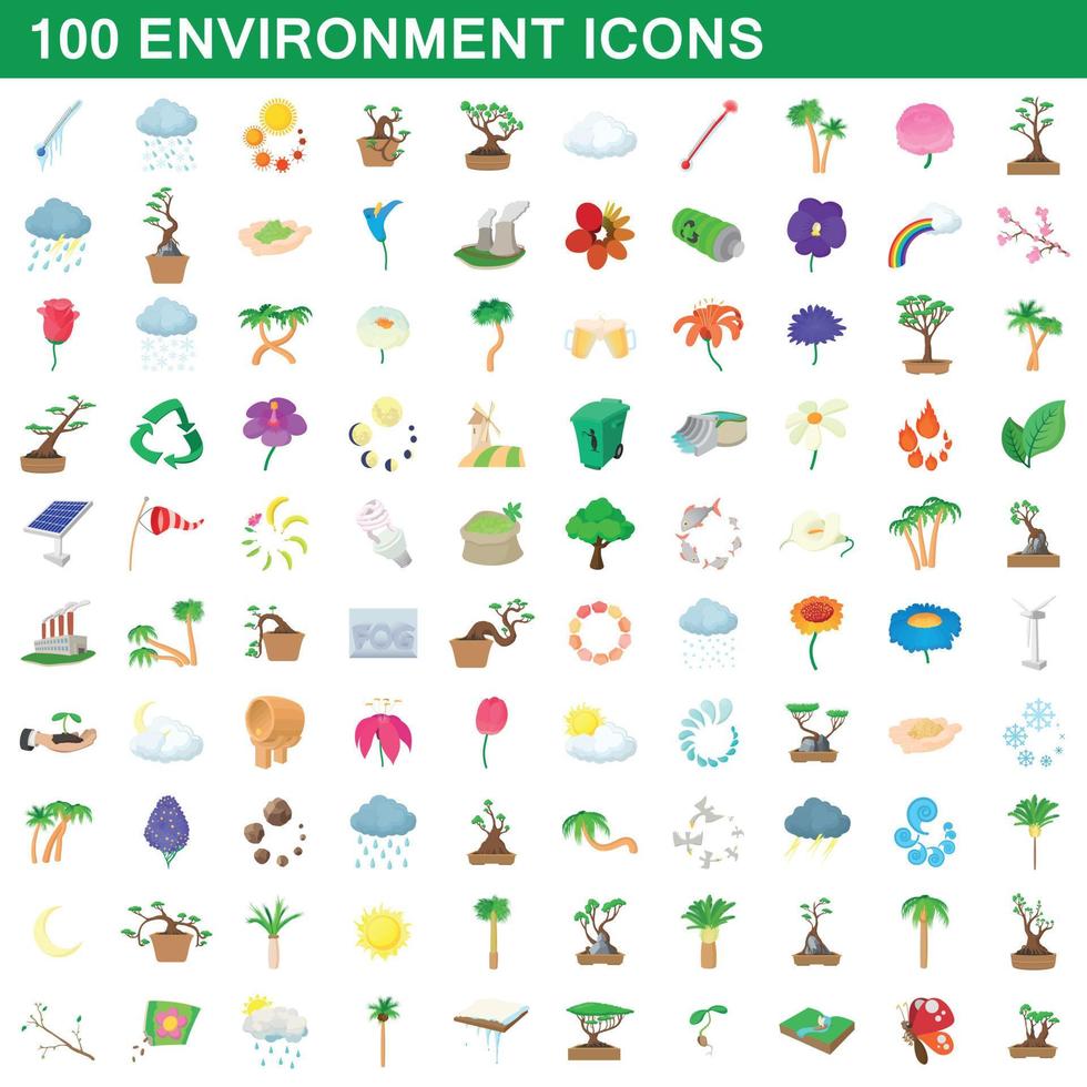100 icone dell'ambiente impostate, stile cartone animato vettore
