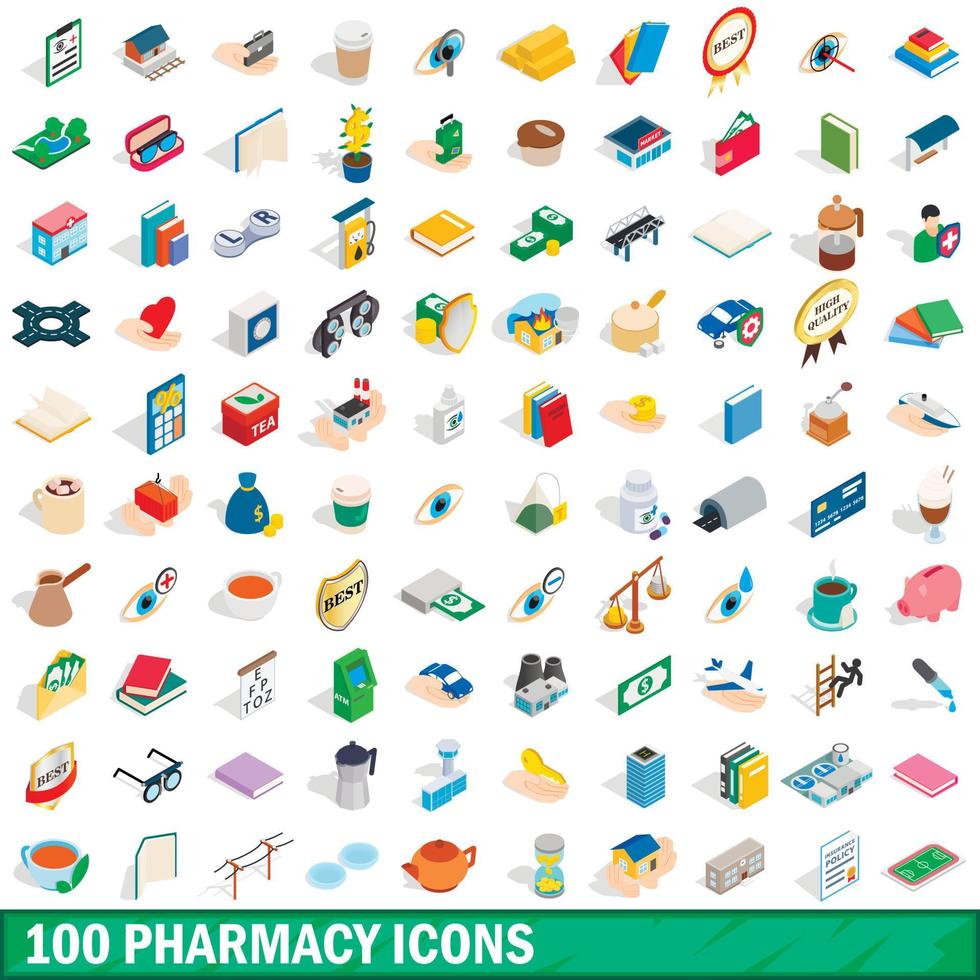 100 icone della farmacia impostate, stile 3d isometrico vettore