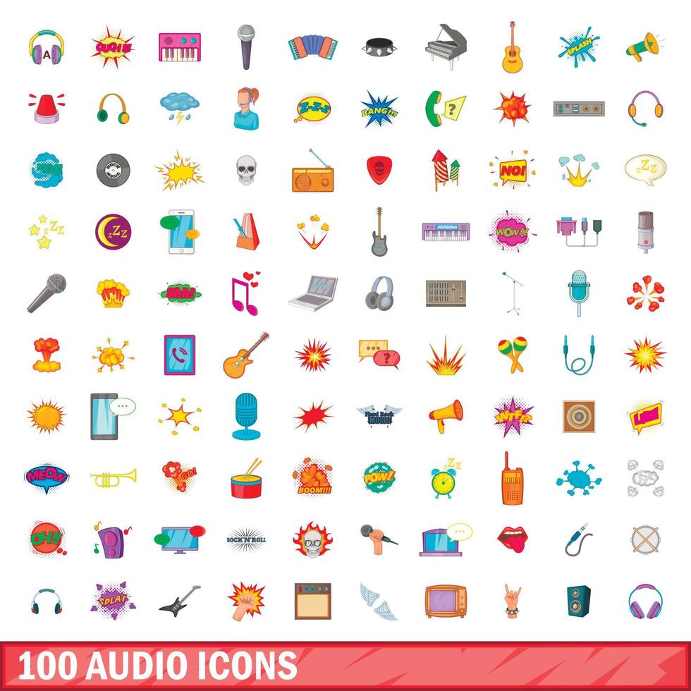 100 icone audio impostate, stile cartone animato vettore