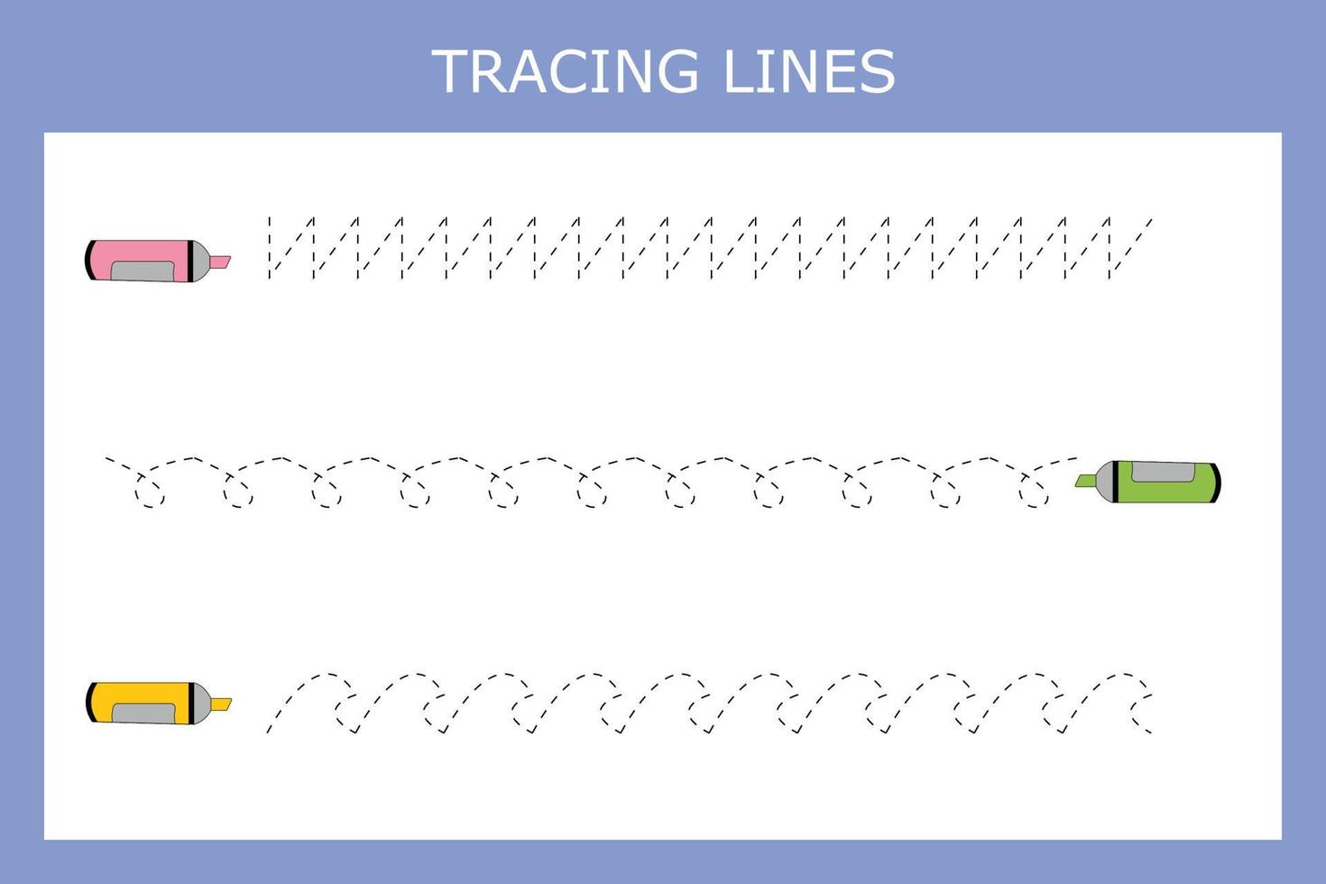 gioco di linee di tracciamento con pennarelli colorati. foglio di lavoro per bambini in età prescolare, foglio di attività per bambini, foglio di lavoro stampabile vettore