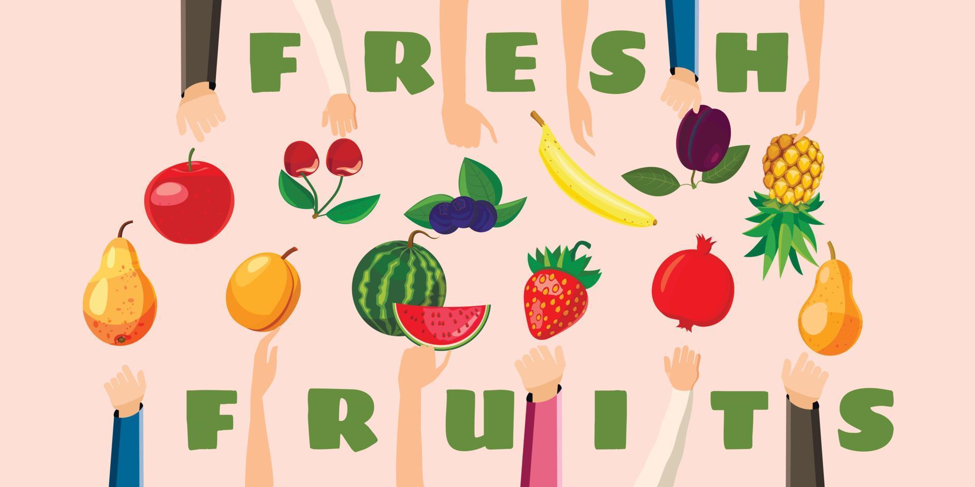 scelta della mano della bandiera orizzontale della frutta, stile del fumetto vettore