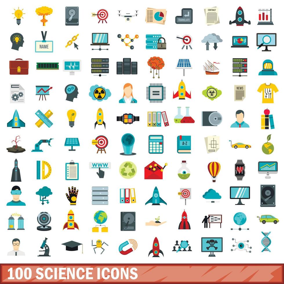 100 icone di scienza impostate, stile piatto vettore