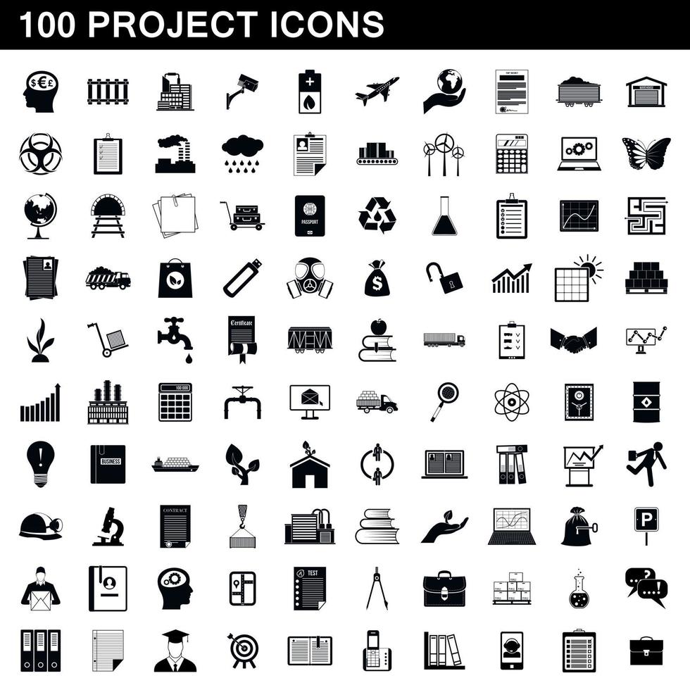 100 icone di progetto impostate, stile semplice vettore