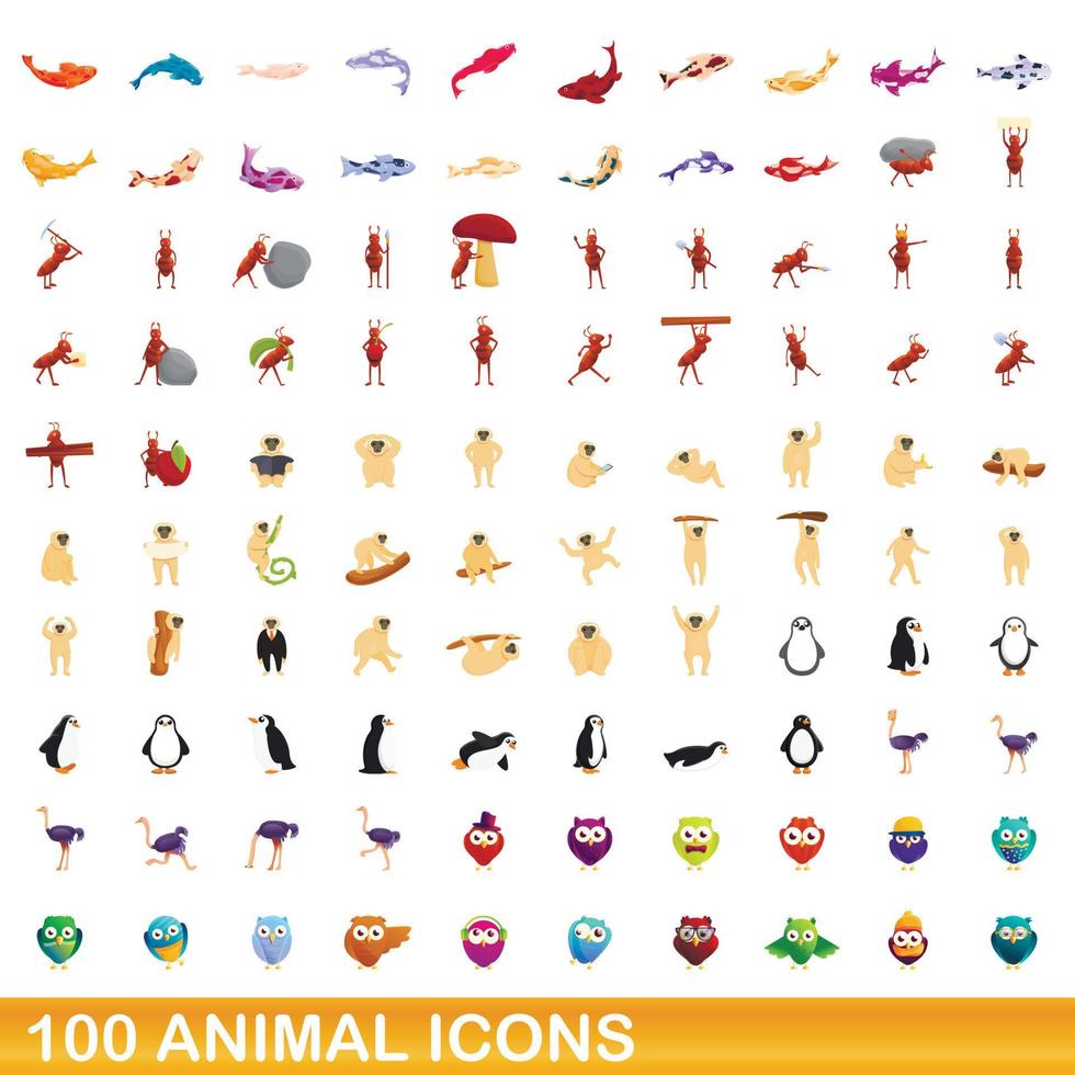 100 icone animali impostate, stile cartone animato vettore