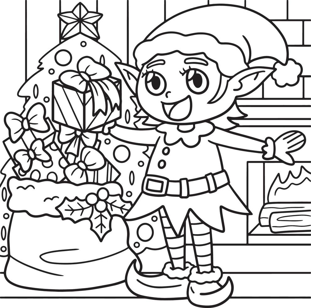 Pagina da colorare di elfi di Natale per bambini vettore