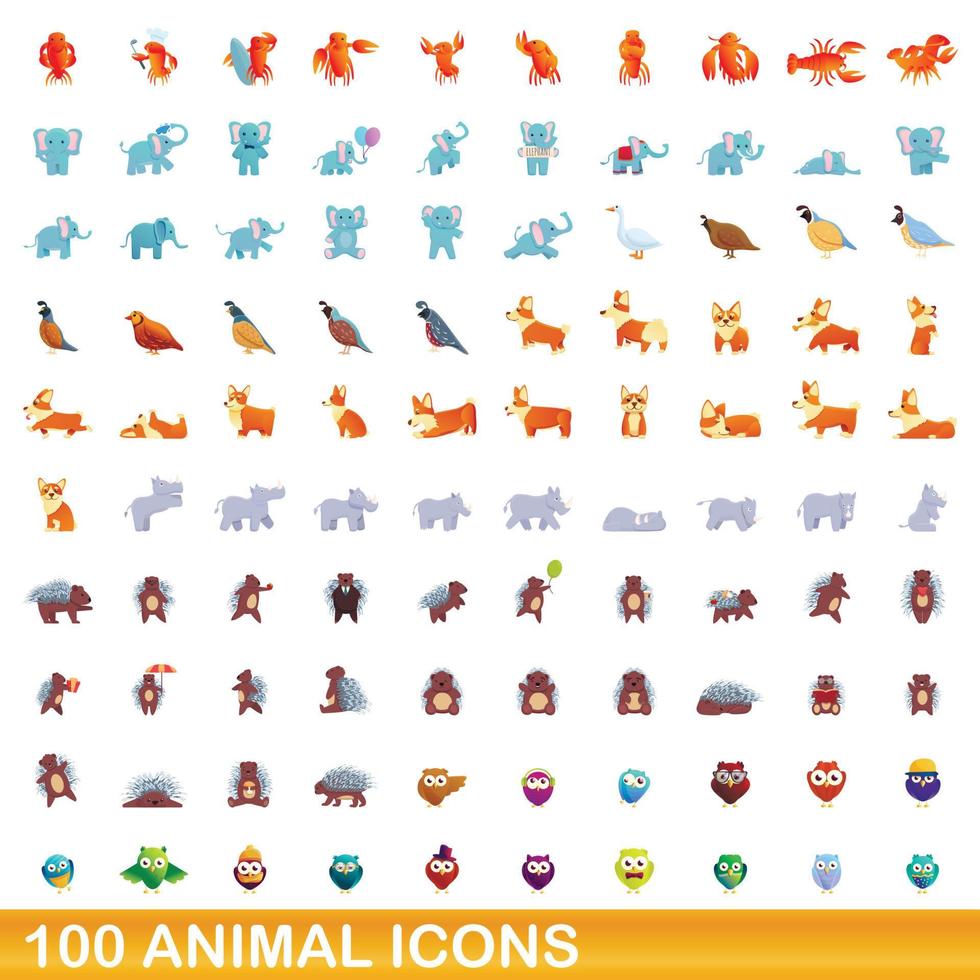 100 icone animali impostate, stile cartone animato vettore