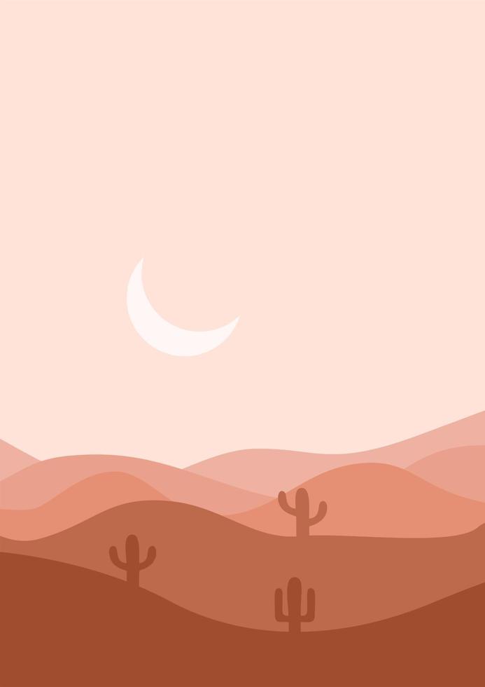 illustrazione vettoriale del paesaggio piatto del deserto. illustrazione del paesaggio del deserto e del cactus al tramonto. montagne e cactus in stile cartone animato piatto.