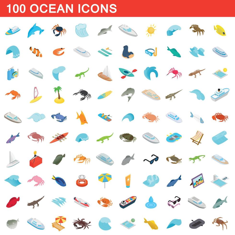 100 icone dell'oceano impostate, stile 3d isometrico vettore