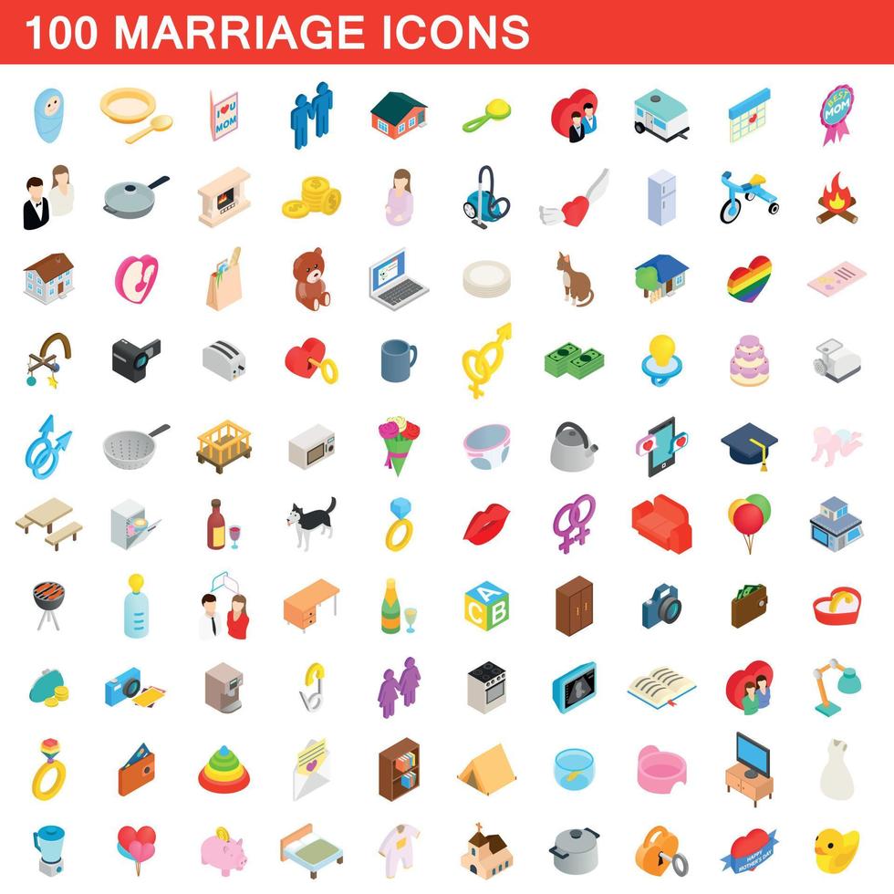 100 icone di matrimonio impostate, stile 3d isometrico vettore