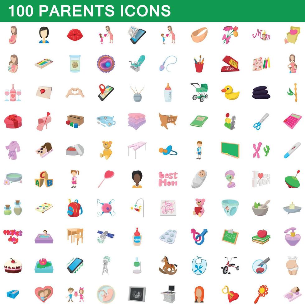 100 genitori set di icone, stile cartone animato vettore
