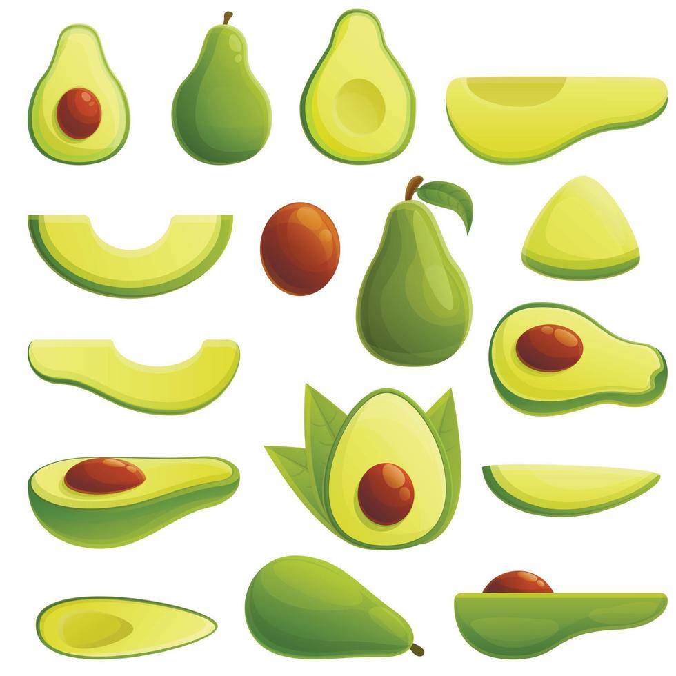 set di icone di avocado, stile cartone animato vettore