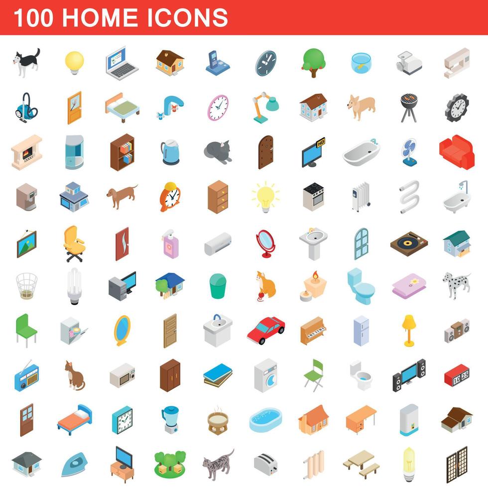 100 icone domestiche impostate, stile 3d isometrico vettore