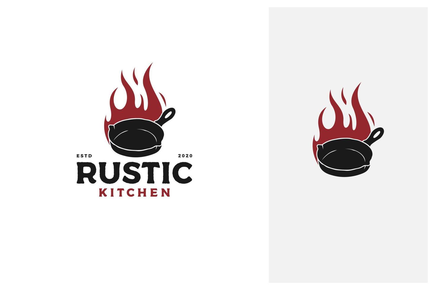 vintage retrò rustico vecchia padella in ghisa con fuoco, logo classico della cucina del ristorante vettore