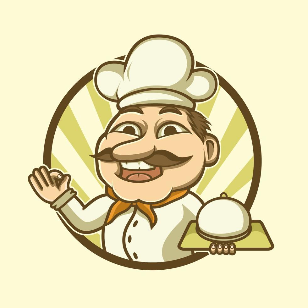 illustrazione vettoriale logo design, mascotte chef che serve con un sorriso