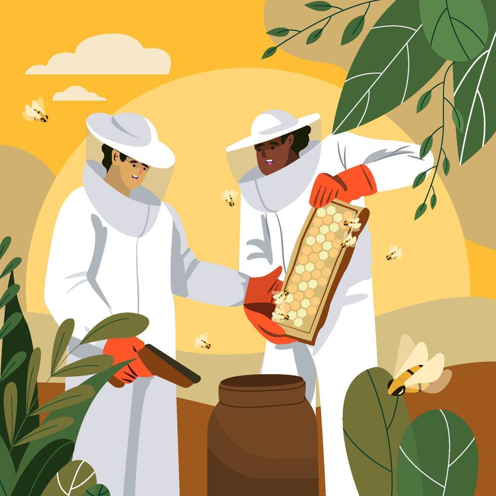 apicoltori che lavorano nel concetto di fattoria delle api vettore