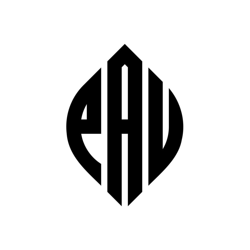 design del logo della lettera del cerchio di pau con forma circolare ed ellittica. pau lettere ellittiche con stile tipografico. le tre iniziali formano un logo circolare. vettore di contrassegno della lettera del monogramma astratto dell'emblema del cerchio di pau.