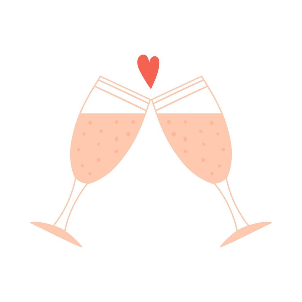 due bicchieri tintinnano. bevanda, vino, simbolo di romanticismo, amore. un elemento decorativo per San Valentino. illustrazione vettoriale a colori isolata su uno sfondo bianco.