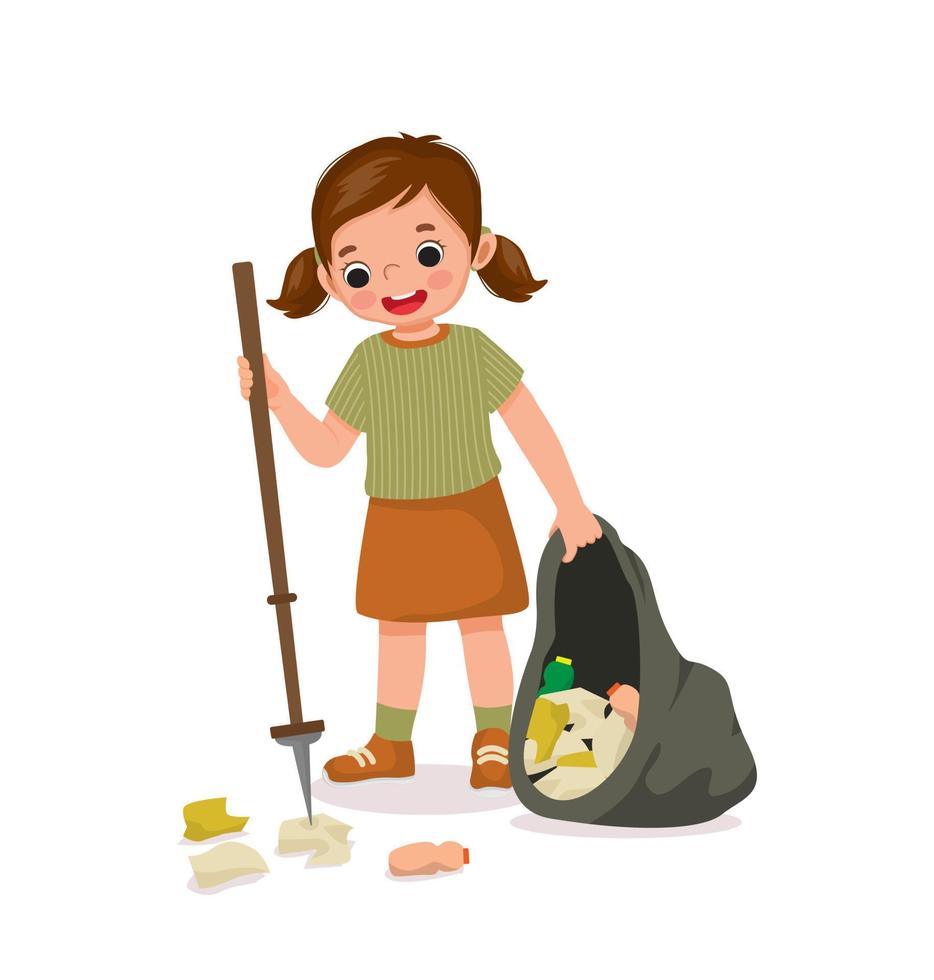bambina carina che raccoglie bottiglie di plastica e rifiuti di carta con un bastoncino per la raccolta dei rifiuti messo nel sacchetto della spazzatura per il riciclaggio per proteggere l'ambiente vettore