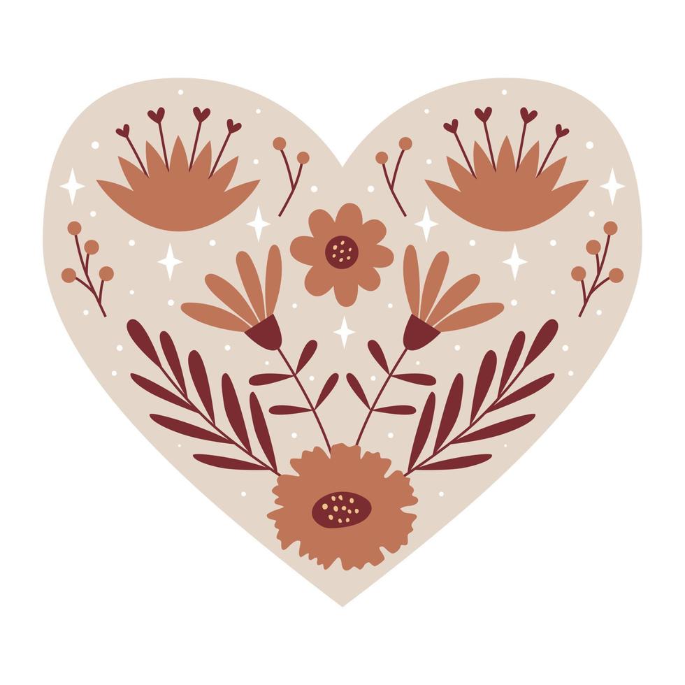 cuore botanico simmetrico con elementi floreali, boccioli e ramoscelli. elemento decorativo per biglietti di San Valentino, packaging design. illustrazione vettoriale a colori isolata su uno sfondo bianco.