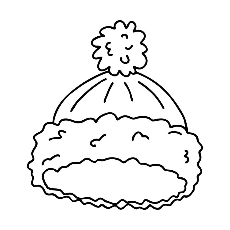 cappello invernale con pelliccia in stile doodle. lo schizzo è disegnato a mano e isolato su uno sfondo bianco. elemento di design di capodanno e natale. disegno di contorno. illustrazione vettoriale in bianco e nero.