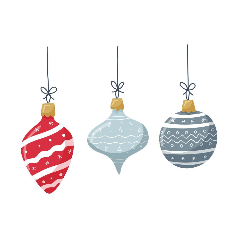 un set di giocattoli per l'albero di Natale con diversi motivi e ornamenti e una corda. attributi di natale piatti disegnati a mano, elementi di design isolati su sfondo bianco. illustrazione vettoriale a colori.