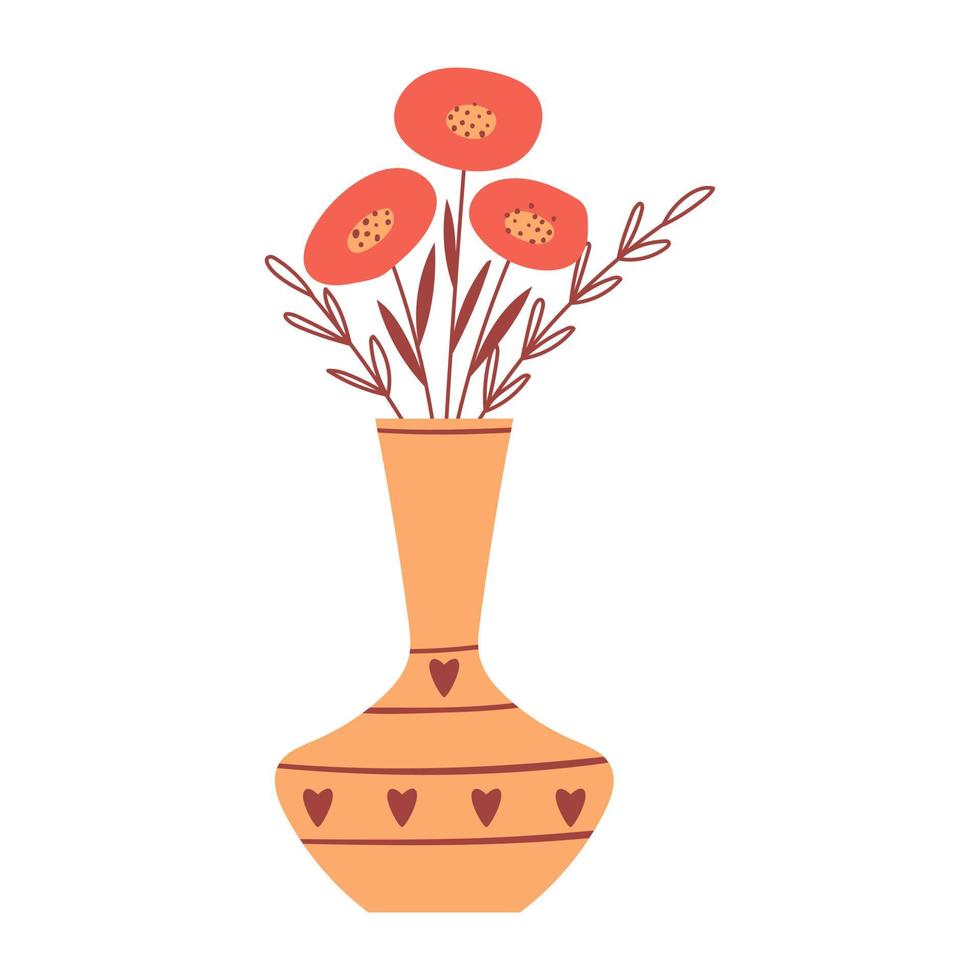 un bouquet con semplici fiori rossi in un vaso a righe e cuori. elemento decorativo per biglietti di San Valentino. semplice illustrazione vettoriale a colori piatti isolata su sfondo bianco.