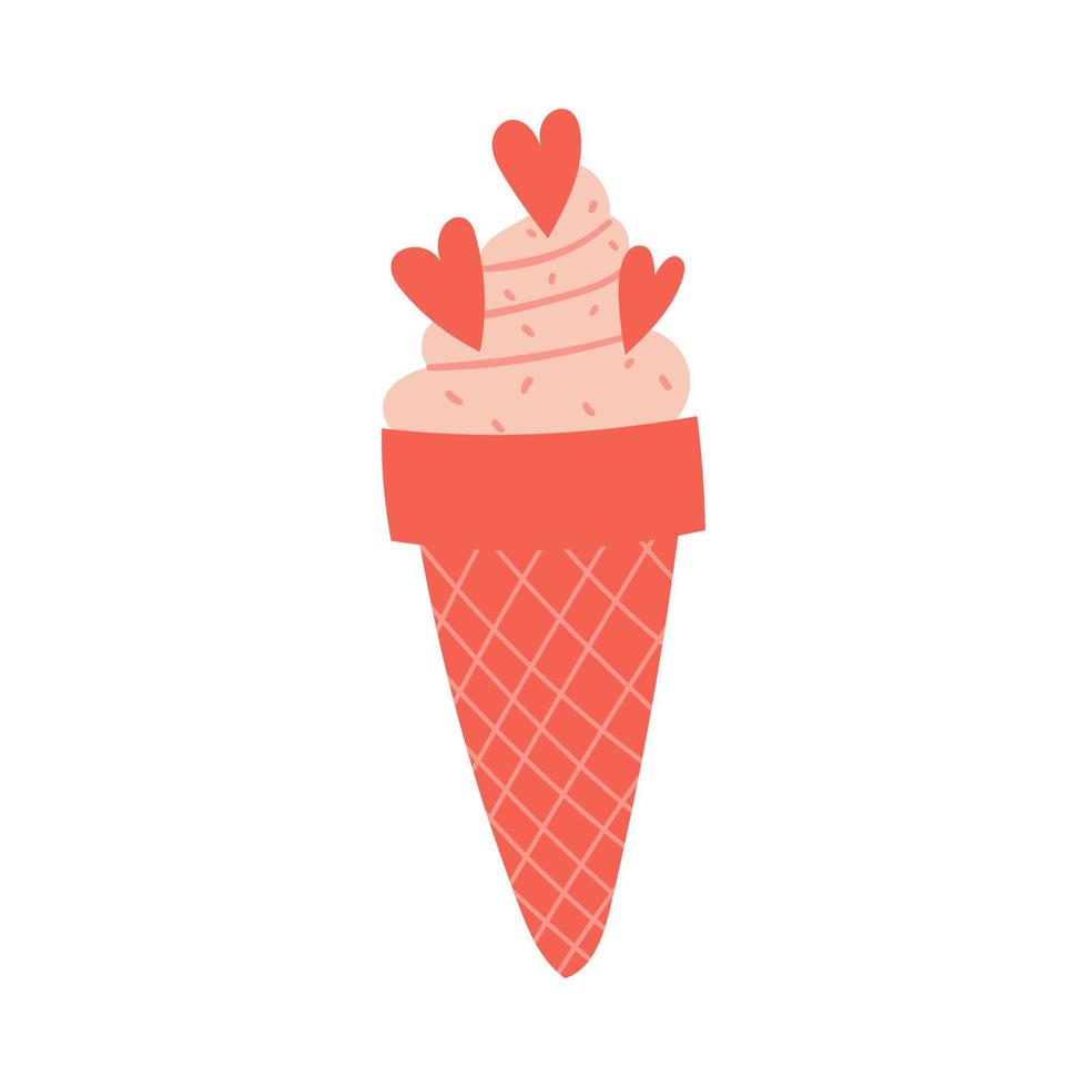 gelato rosa in un cono di cialda con cuori. cibo dolce. un elemento decorativo per San Valentino. semplice illustrazione vettoriale a colori piatti isolata su sfondo bianco.