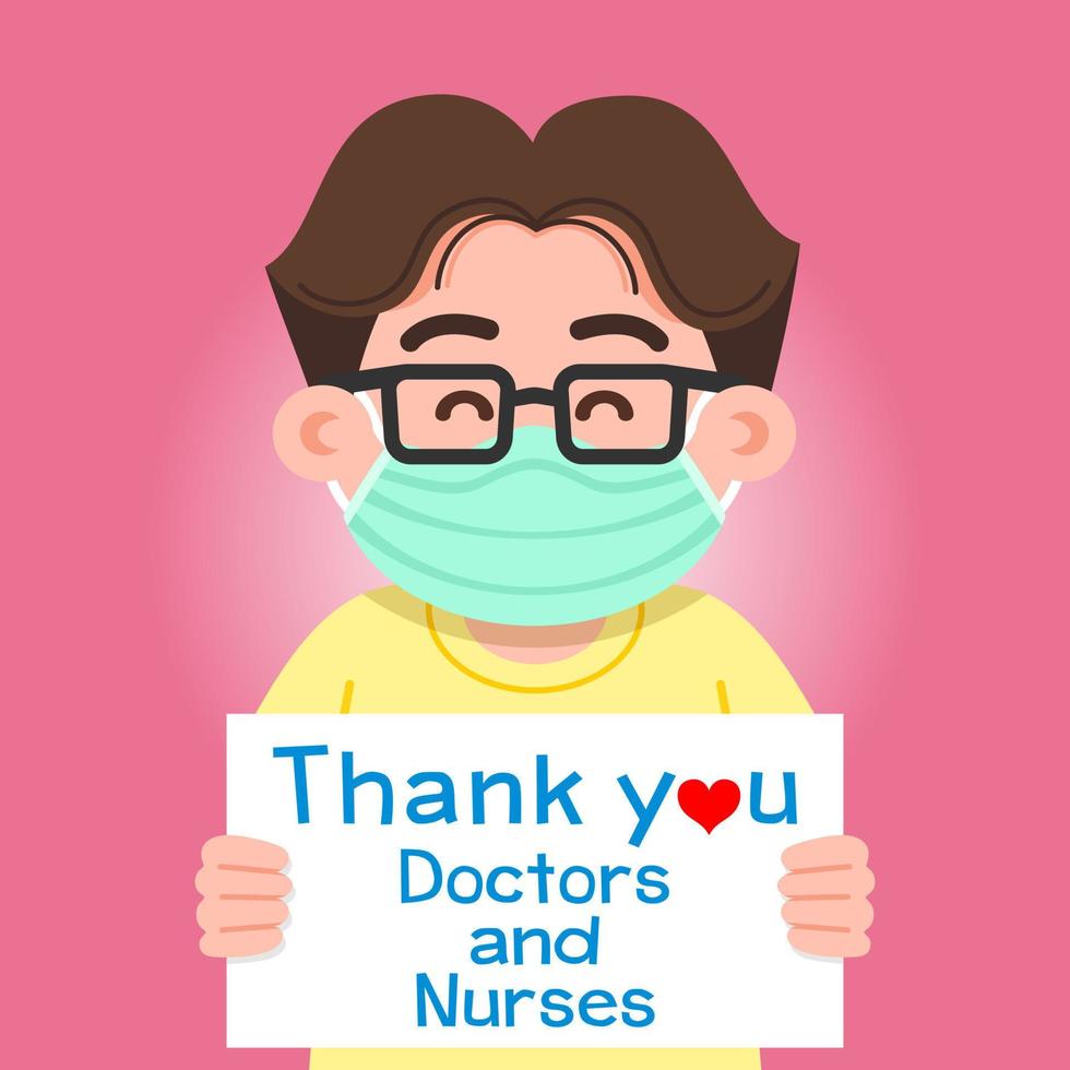 il bambino ha tenuto un cartello con un messaggio che ringrazia i medici e gli infermieri che lavorano in ospedale e che combattono con il coronavirus, illustrazione vettoriale sfondo per il design