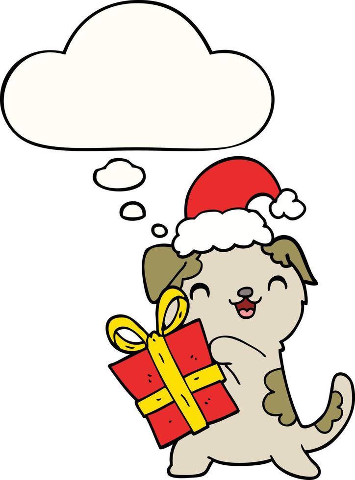 cucciolo carino cartone animato con regalo di Natale e cappello e bolla di pensiero vettore
