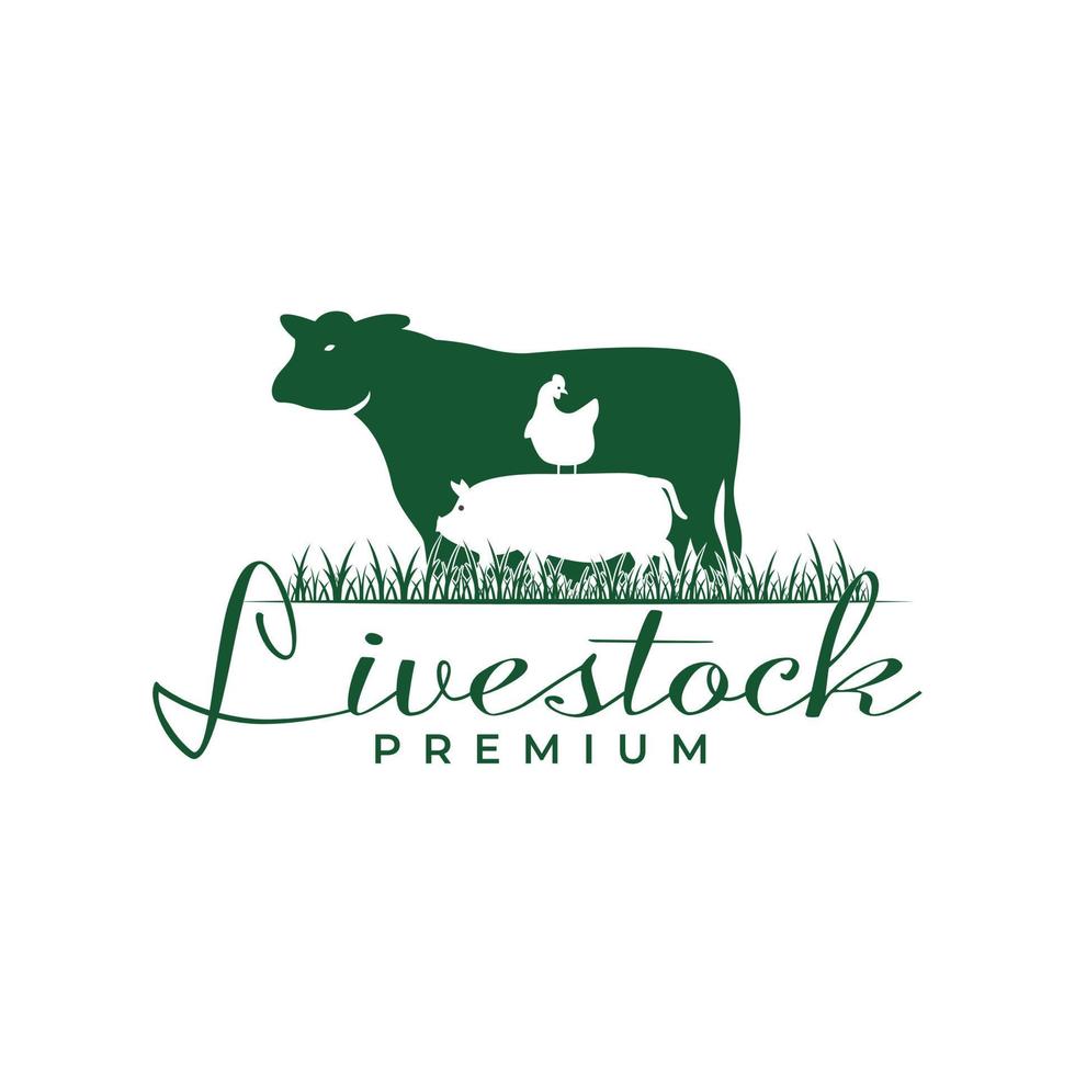 design piatto di ispirazione logo animale da fattoria, mucca, pollo e maiale. concetto di illustrazione vettoriale vintage fattoria occidentale