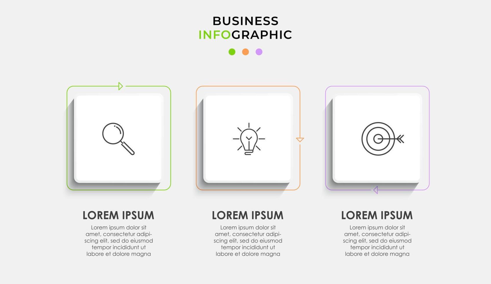 modello di business di progettazione infografica vettoriale con icone e 3 opzioni o passaggi. può essere utilizzato per diagramma di processo, presentazioni, layout del flusso di lavoro, banner, diagramma di flusso, grafico informativo