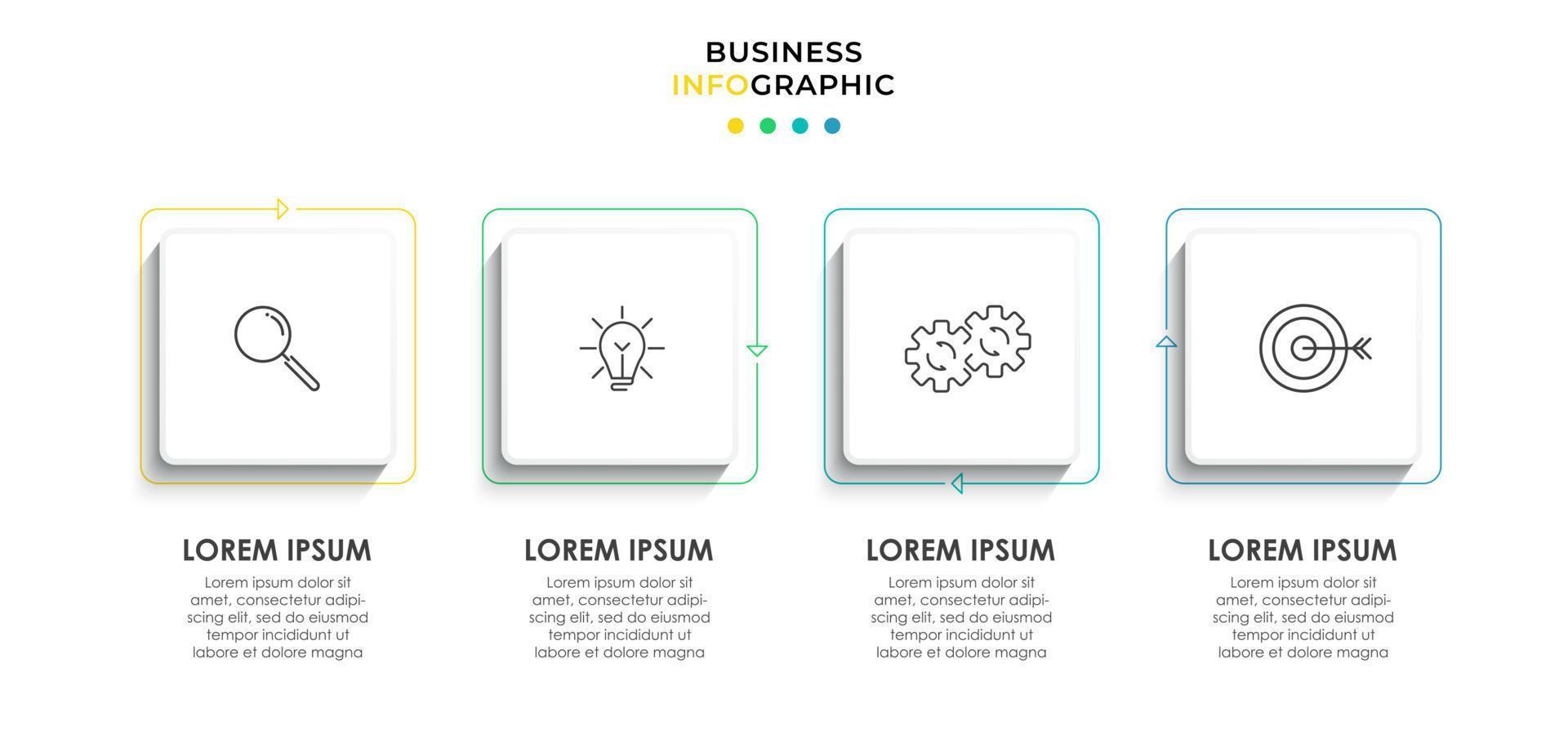 modello di business di progettazione infografica vettoriale con icone e 4 opzioni o passaggi. può essere utilizzato per diagramma di processo, presentazioni, layout del flusso di lavoro, banner, diagramma di flusso, grafico informativo