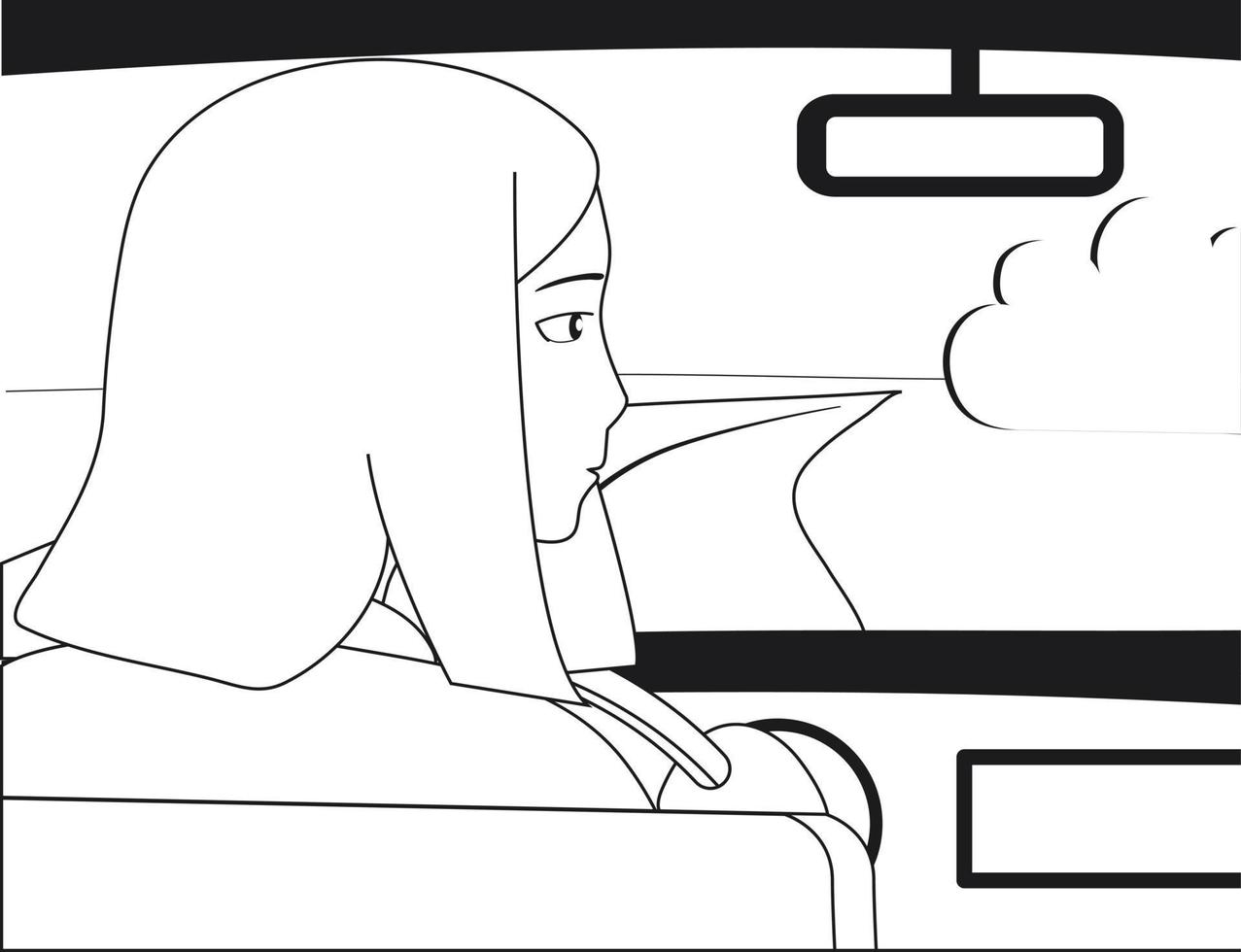 disegno di linee in bianco e nero, la ragazza in macchina sta guidando lungo la strada nel campo. lei guarda nello specchietto retrovisore. viaggiatore in viaggio. vettore