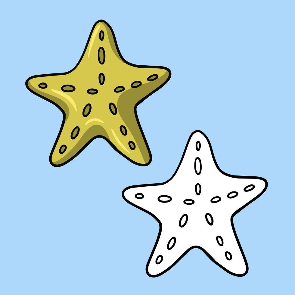 set di immagini, stella marina tropicale gialla, illustrazione vettoriale in stile cartone animato su sfondo colorato